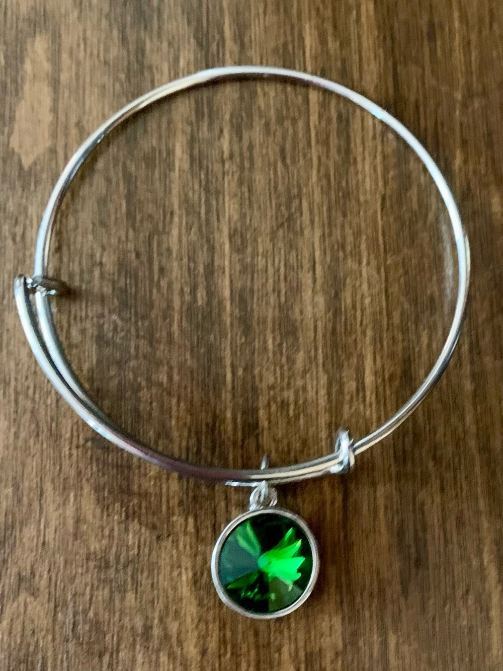 Silver-Tone Bangle Bracelet with Green Crystal Charm